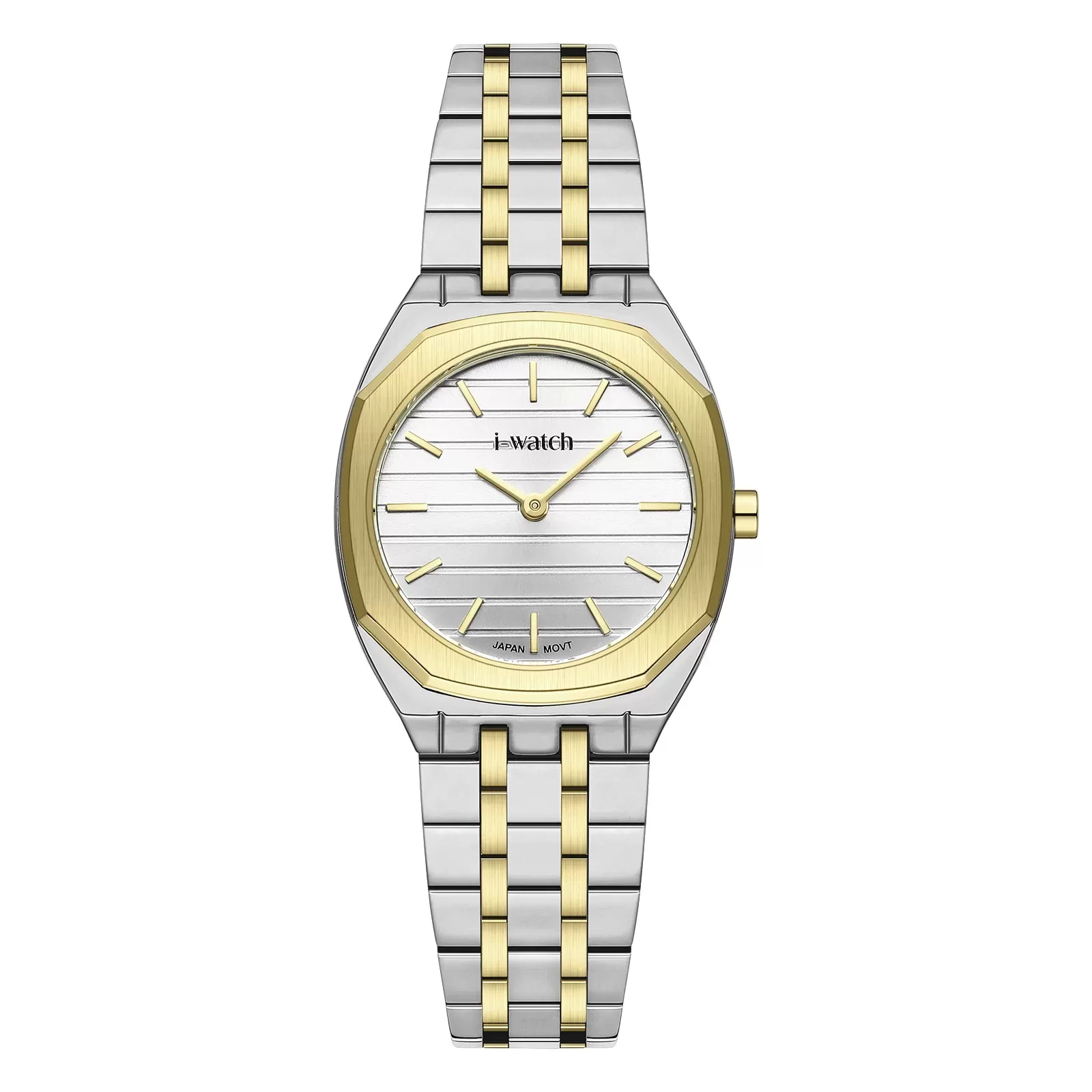 ساعت مچی زنانه برند iWatch مدل 190296L بند استیل طلایی و صفحه سفید
