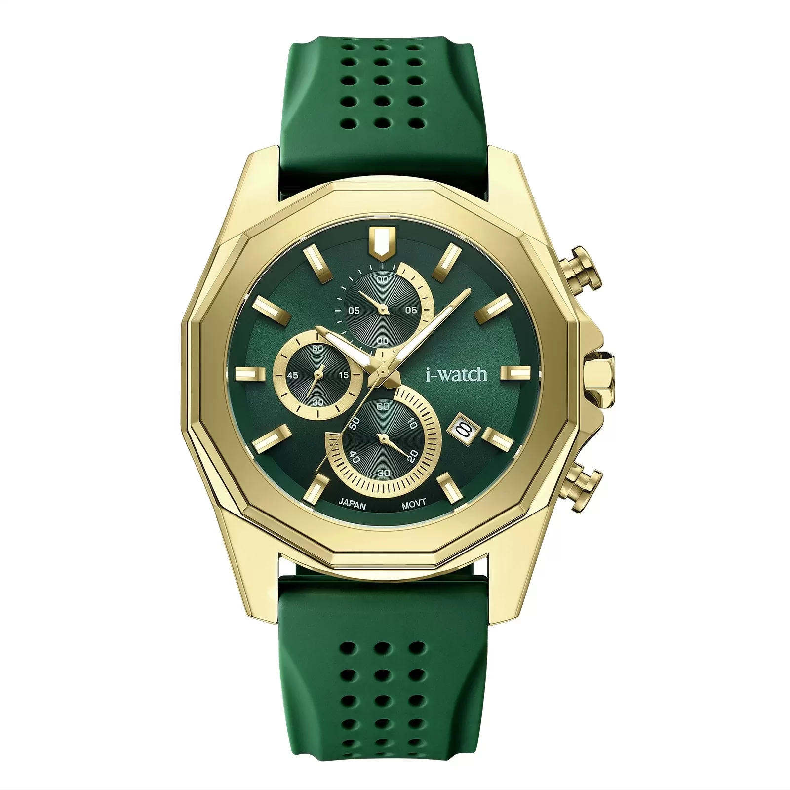 ساعت مچی مردانه iWatch مدل 190310M بند سیلیکونی سبز و بدنه طلایی