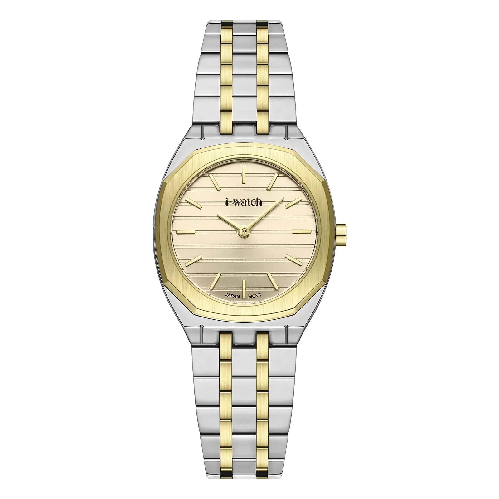 ساعت مچی زنانه برند iWatch مدل 190296L بند استیل طلایی و صفحه سفید