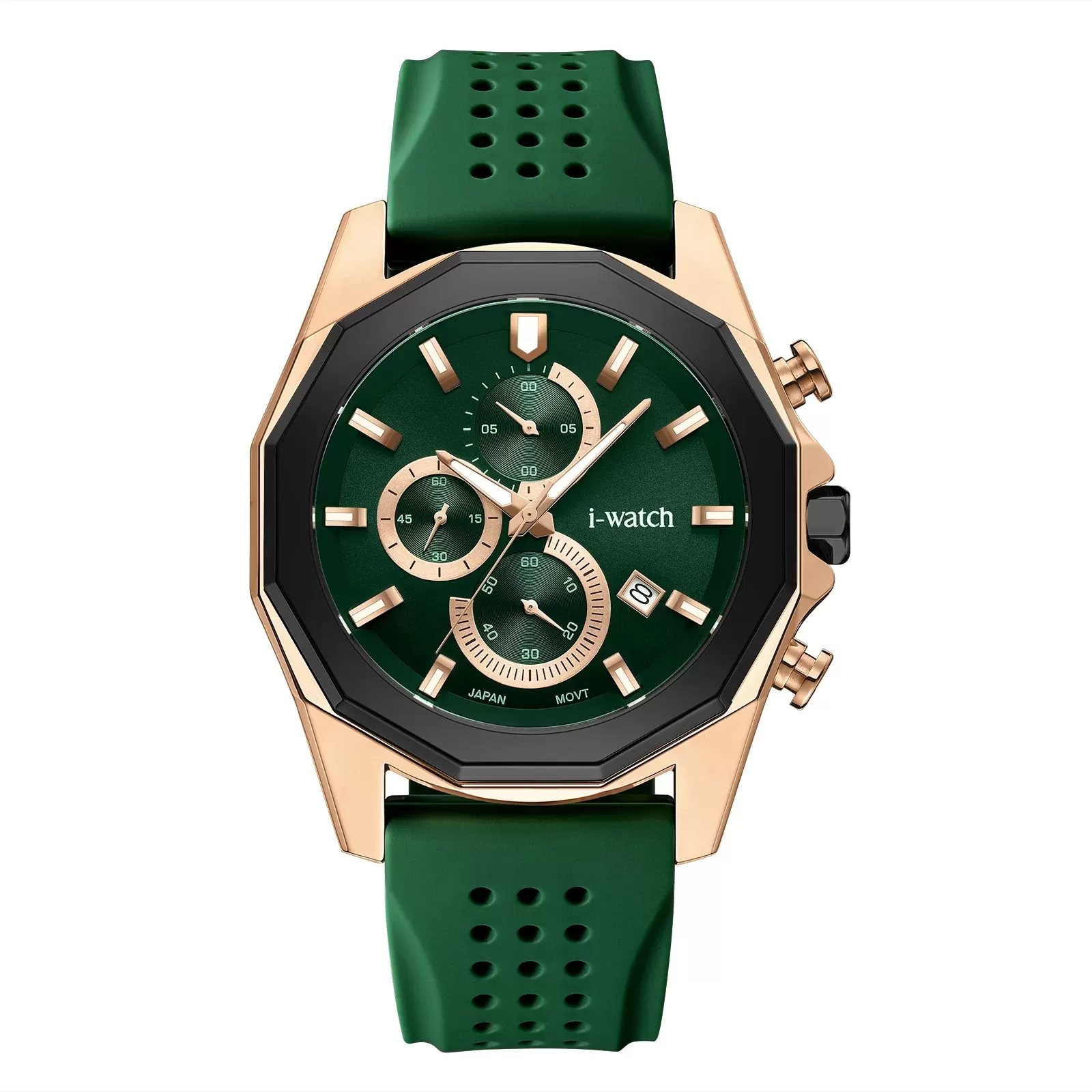 ساعت مچی مردانه iWatch مدل 190310M بند سیلیکونی سبز و بدنه طلایی