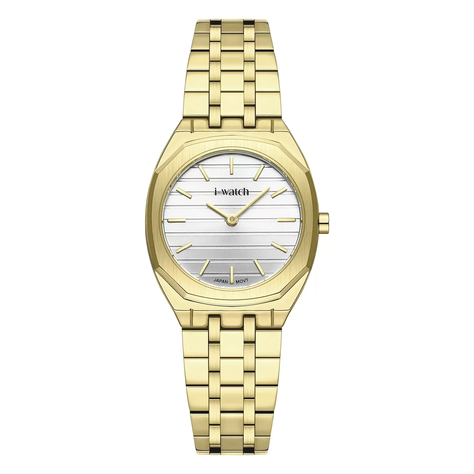ساعت مچی زنانه برند iWatch مدل 190296L بند استیل طلایی و صفحه سفید