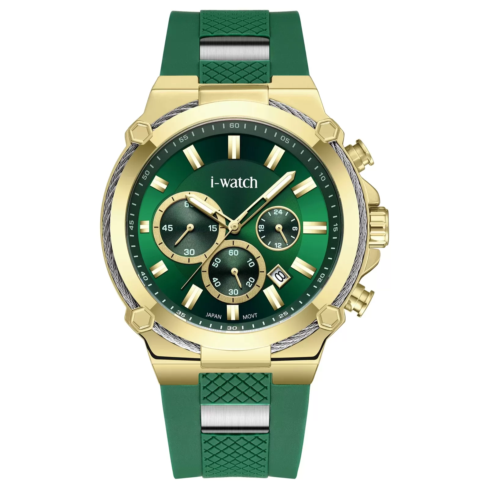 ساعت مچی iWatch مدل 190312M بند سیلیکونی سبز و بدنه طلایی