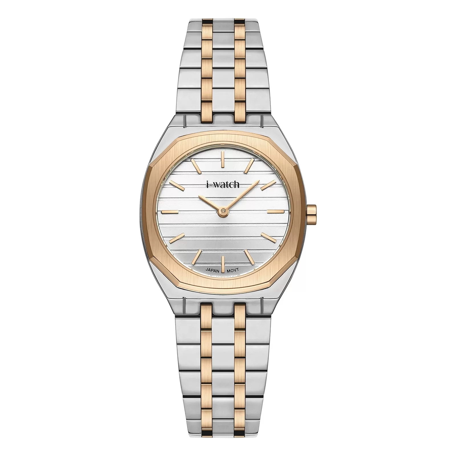 ساعت مچی زنانه برند iWatch مدل 190296L بند استیل طلایی و صفحه سفید